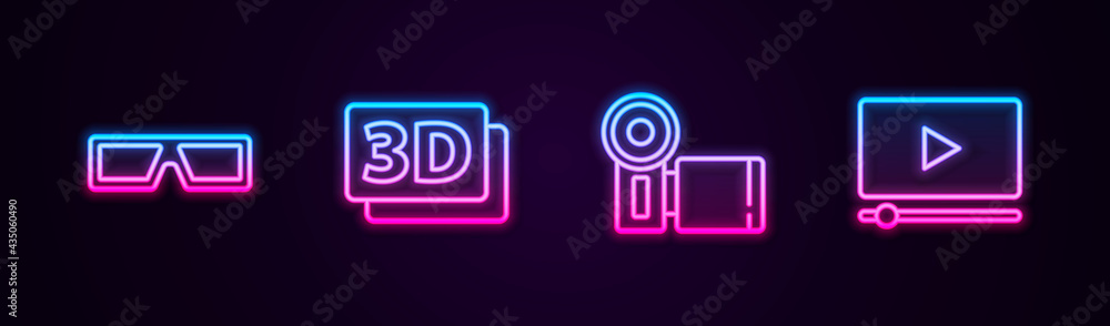 Set line 3D cinema glasses, word, Cinema camera and Online play video. Glowing neon icon. Vector Set line 3D cinema glasses, word, Cinema camera and Online play video. Glowing neon icon. Vector