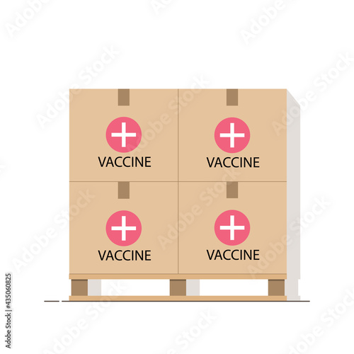 Pallet with boxes of coronavirus vaccine isolated on white background. Warehouse with vaccines. Vector illustration.