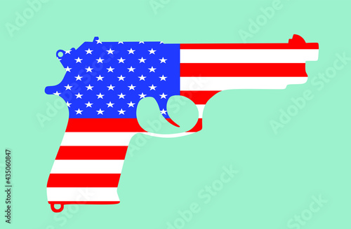 United States of America flag over pistol gun vector silhouette illustration isolated on background. Patriotic security concept. USA first amendment right symbol. Firearms protect home and family.