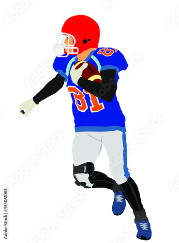 American football player in action, vector illustration isolated on white background. Sportsman in full equipment on court. Rugby sport man with ball. Popular collage sport super star.