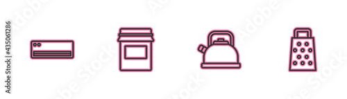 Set line Air conditioner, Kettle with handle, Jam jar and Grater icon. Vector