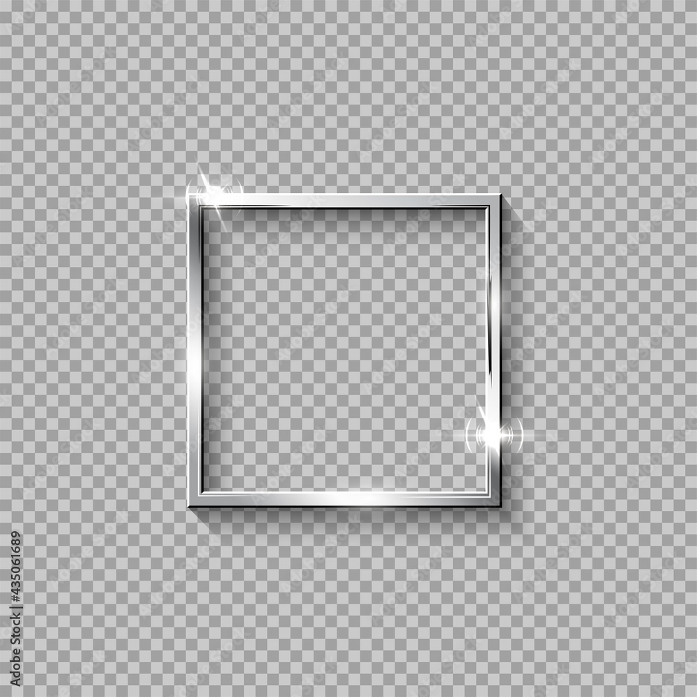 Silver square frame for picture on transparent background. Blank space