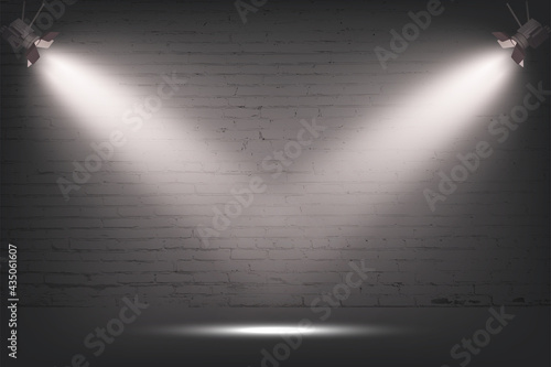 Grey brick wall with spotlight, stone background. Light from two lamps on concrete texture vector illustration. Streetlight or stage for show in exhibition or museum wallpaper