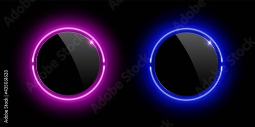 Realistic glossy plastic buttons with pink and blue neon round frames. Soft light effect blank templates isolated on black background. Vector illustration of glow laser circle shapes
