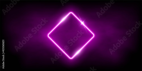 Glowing neon pink rhombus with sparkles in smoke abstract background. Electric light frame. Geometric fashion design vector illustration. Empty minimal art decoration