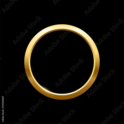 Gold round frame for picture on black background. Blank space for picture, painting, card or photo. 3d realistic modern circle template vector illustration. Simple golden object mockup
