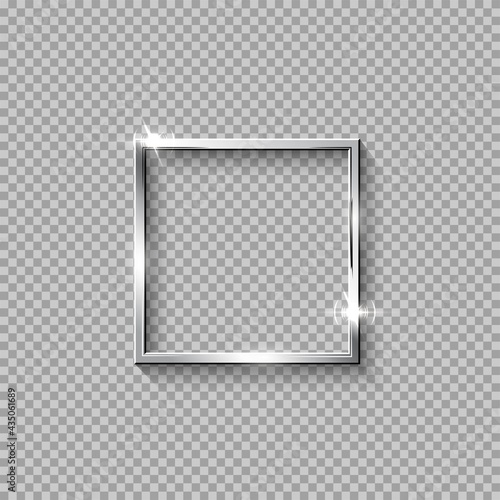Silver square frame for picture on transparent background. Blank space for picture, painting, card or photo. 3d realistic modern template vector illustration. Simple chrome object mockup