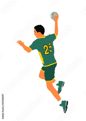 Handball player in action vector illustration. Elegant body sport figure. Dynamic athlete boy jump and shooting penalty in goal. Sport man handball attack target shut in jump.