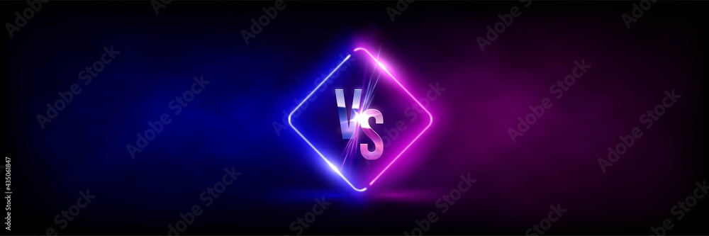Versus VS sign in neon rhombus frame in fog background. Laser glowing pink and blue lines with soft light effect. Vector illustration of realistic mockup, template for game design, retrowave style. - obrazy, fototapety, plakaty 