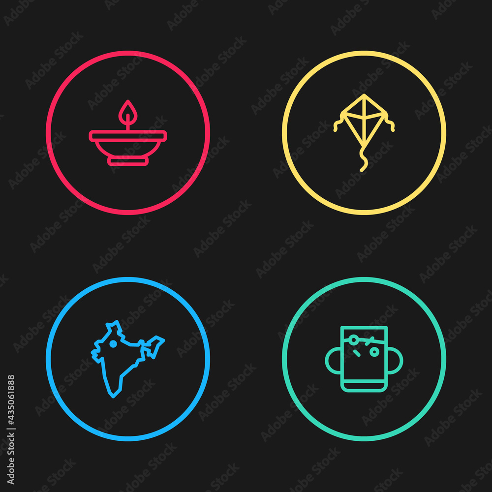 Set line India map, Cup of tea and leaf, Kite and Aroma lamp icon. Vector Set line India map, Cup of tea and leaf, Kite and Aroma lamp icon. Vector