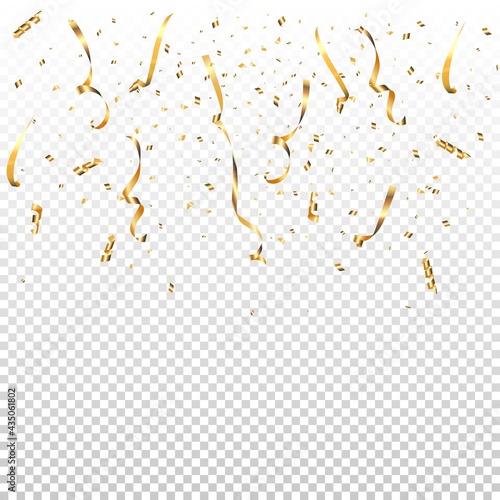 Gold confetti falling on transparent background. Birthday party or Christmas celebration event vector illustration. Realistic shiny golden paper decoration, surprise effect