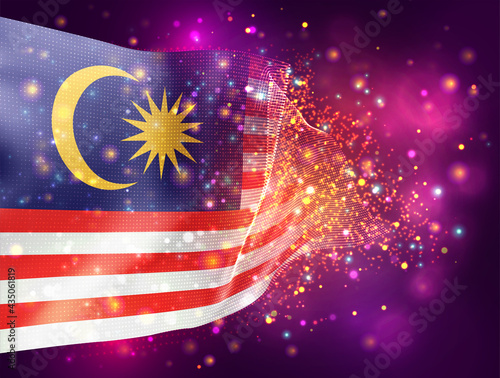 Malaysia, vector 3d flag on pink purple background with lighting and flares