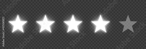 Five silver award stars on transparent background. White neon prize elements. Champion glory in competition vector illustration. Hollywood fame in film and cinema or championship in sport