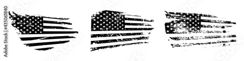 Black and white American flag in grunge style set. Vintage rough textured design vector illustration. Monochrome stripes and stars sketches of USA. Creative national symbol icons