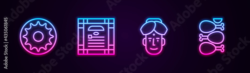 Set line Chakra, India constitution day, Indian man and Tandoori chicken. Glowing neon icon. Vector