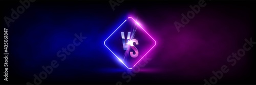 Versus VS sign in neon rhombus frame in fog background. Laser glowing pink and blue lines with soft light effect. Vector illustration of realistic mockup, template for game design, retrowave style.
