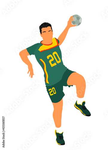 Handball player in action vector illustration. Elegant body sport figure. Dynamic athlete boy jump and shooting penalty in goal. Sport man handball attack target shut in jump.
