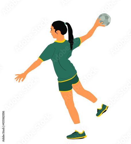 Girl handball player in action with ball vector illustration isolated on white. Woman handball player shoots a penalty. Sport lady jumping in the air.