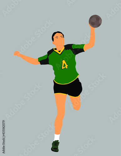 Girl handball player in action with ball vector illustration isolated on background. Woman handball player shoots a penalty. Female sport figure  symbol. Handball lady jumping in the air.