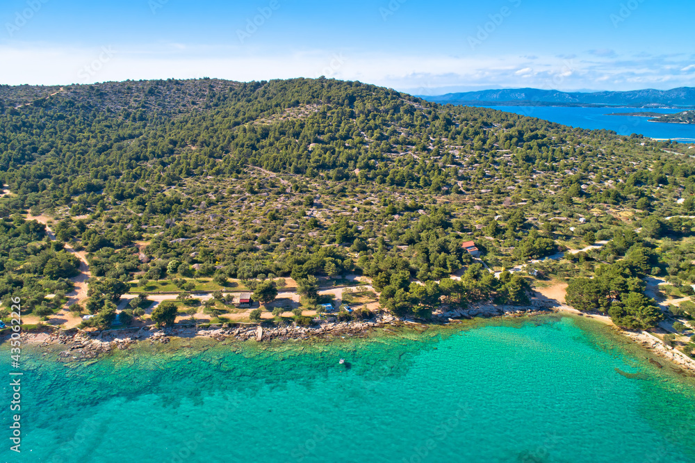Kosirna beach and turquoise bay on Murter island aerial view