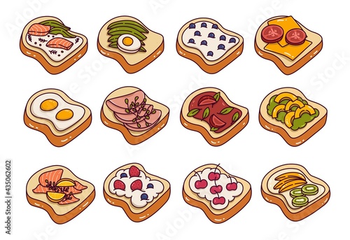 Toast bread toppings doodle vector illustration