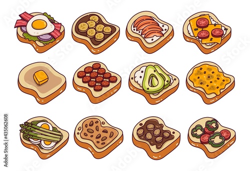 Toast bread toppings doodle vector illustration