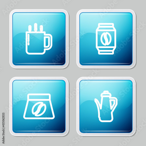 Set line Coffee cup, Bag coffee beans, and Teapot icon. Vector