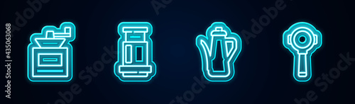 Set line Manual coffee grinder, Aeropress, Teapot and Coffee filter holder. Glowing neon icon. Vector
