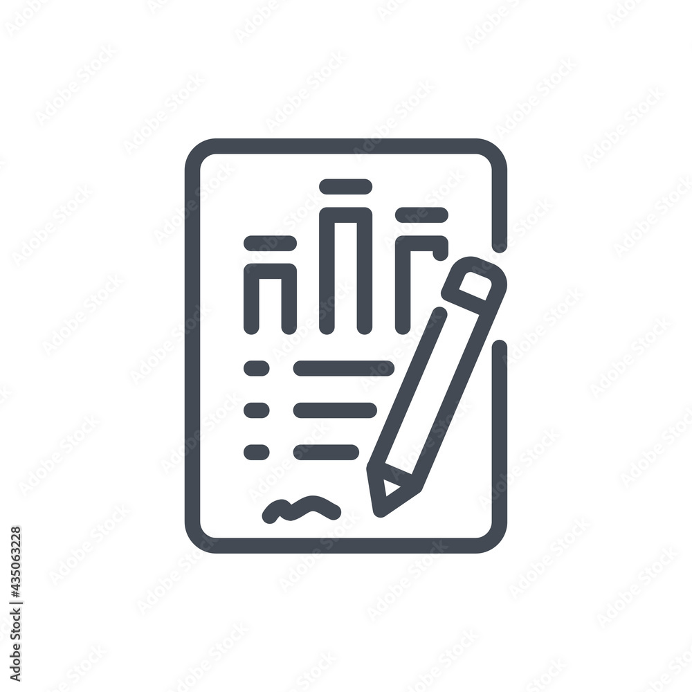 Financial report with statistics and pencil line icon. Financial statement signing vector outline sign. Financial report with statistics and pencil line icon. Financial statement signing vector outline sign.