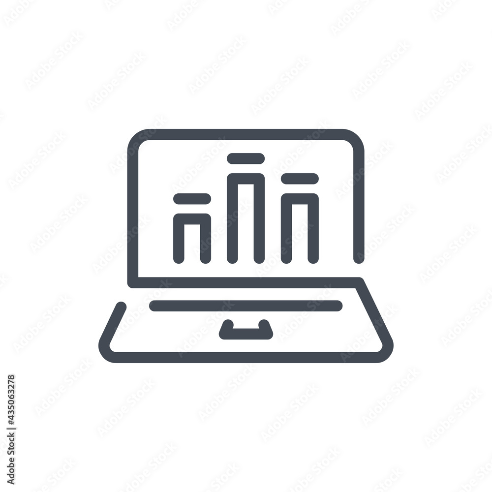 Laptop with chart line icon. Computer with online statistics and analytics vector outline sign. Laptop with chart line icon. Computer with online statistics and analytics vector outline sign.