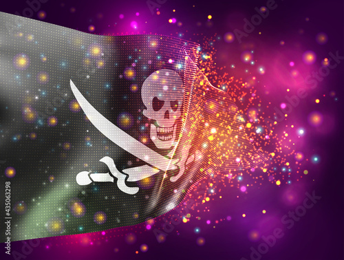 3d vector mesh flag of a pirate skull on a black background with lighting and flares