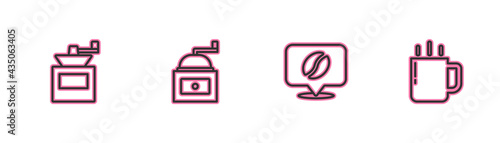 Set line Manual coffee grinder, Location with bean, and Coffee cup icon. Vector