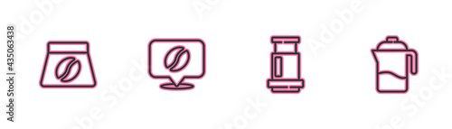 Set line Bag of coffee beans, Aeropress, Location with and French icon. Vector