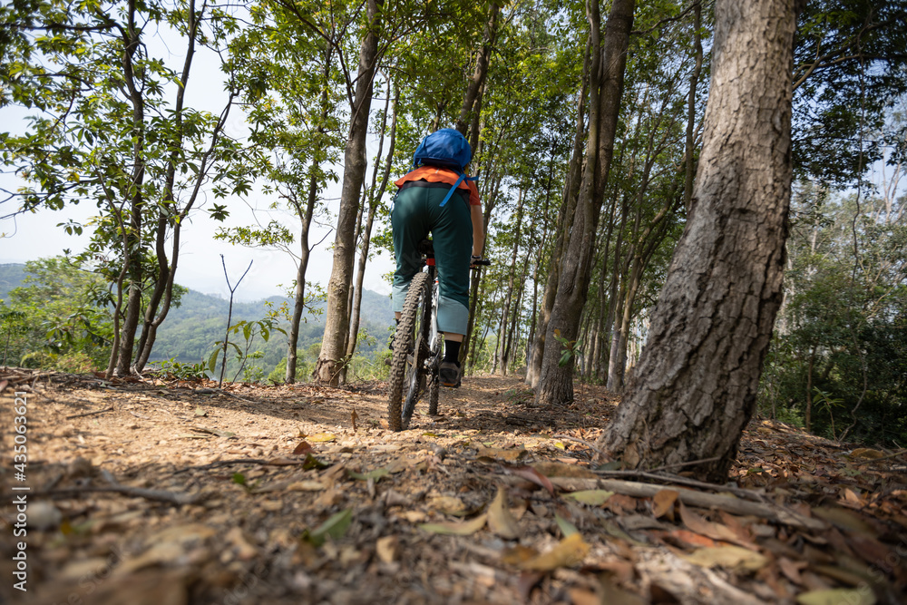 Woman cyclist cycling on spring mountain top forest trail