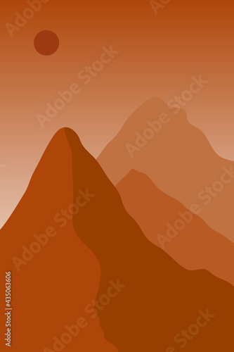 Minimalistic abstract landscape in red tones. Mountain landscape. Mountains  desert  hot sun.