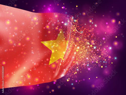 Vietnam, vector 3d flag on pink purple background with lighting and flares