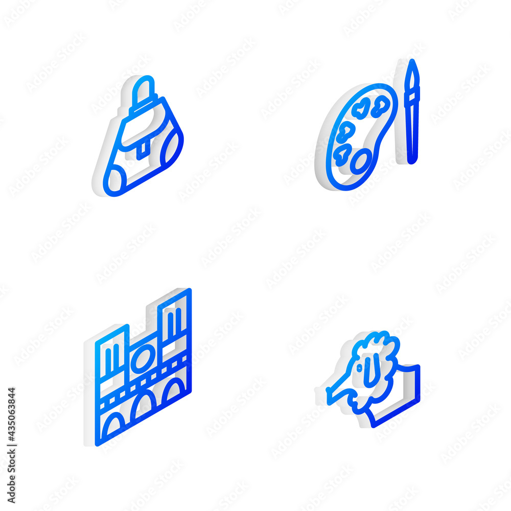 Set Isometric line Paint brush with palette, Handbag, Notre Dame and Poodle dog icon. Vector Set Isometric line Paint brush with palette, Handbag, Notre Dame and Poodle dog icon. Vector