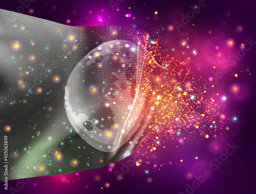 moon, vector 3d flag on pink purple background with lighting and flares