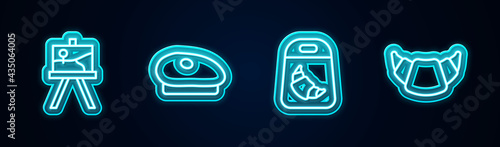 Set line Easel or painting art boards, French beret, Croissant package and . Glowing neon icon. Vector