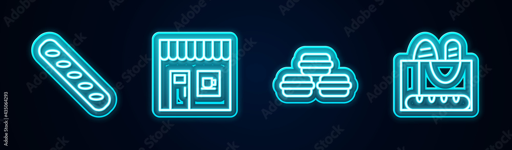 Set line French baguette bread, Coffee shop, Macaron cookie and . Glowing neon icon. Vector Set line French baguette bread, Coffee shop, Macaron cookie and . Glowing neon icon. Vector