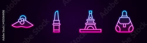 Set line Elegant women hat, Lipstick, Eiffel tower and Handbag. Glowing neon icon. Vector