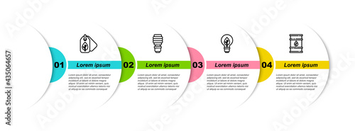 Set line Tag with leaf, LED light bulb, Light and Bio fuel barrel. Business infographic template. Vector