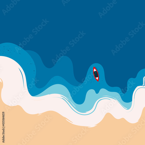 Aerial view of ocean waves reaching the coastline. Red Boat silhouette. Beach, sand, sea shore with blue waves. Top view overhead seaside. Hand drawn Vector illustration