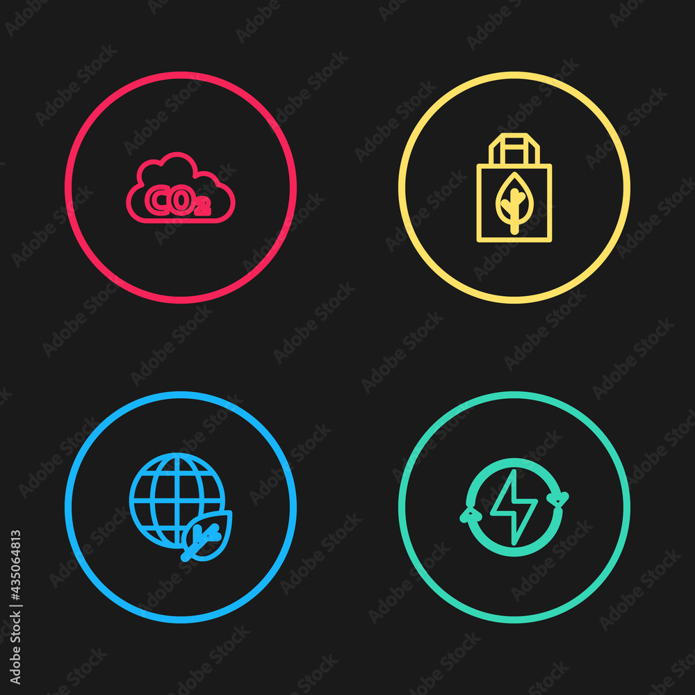 Set line Earth globe and leaf, Lightning bolt, Shopping bag with recycle and CO2 emissions cloud icon. Vector