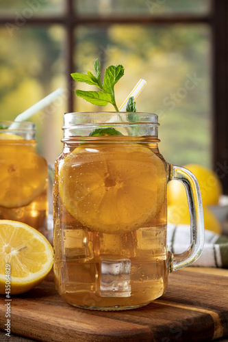 Glass of Iced Tea With Lemon and Mint