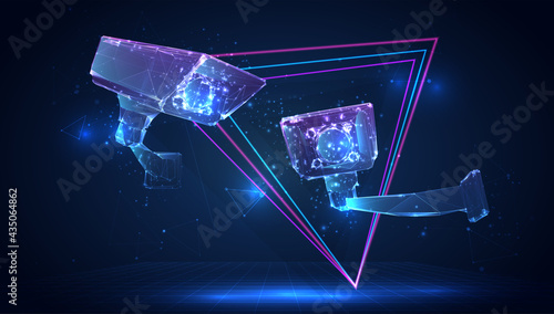 vector 3d outdoor surveillance camera, recognition of people on a blue background in virtual space