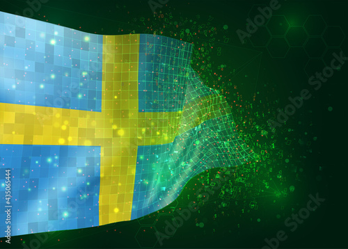Sweden, on vector 3d flag on green background with polygons and data numbers