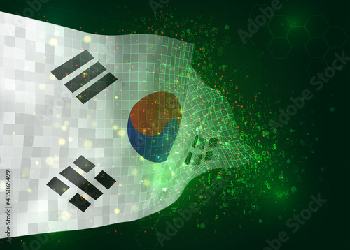 Korea, on vector 3d flag on green background with polygons and data numbers