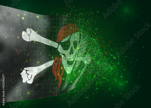 3d vector mesh flag of a pirate skull on a black background with polygons and data numbers