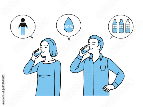 水を飲む中高年の夫婦　水分補給　男女　ミドル　イラスト素材